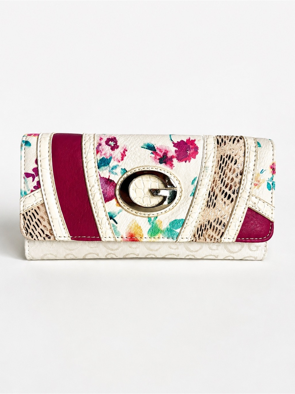 Guess Floral Wallet Clutch Pink White Snakeskin Accent Organizer Wristlet Y2K